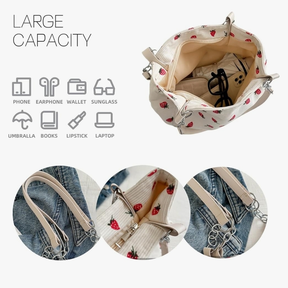 Strawberry Print Tote Bag - Cream and Red - Picture 4 of 8